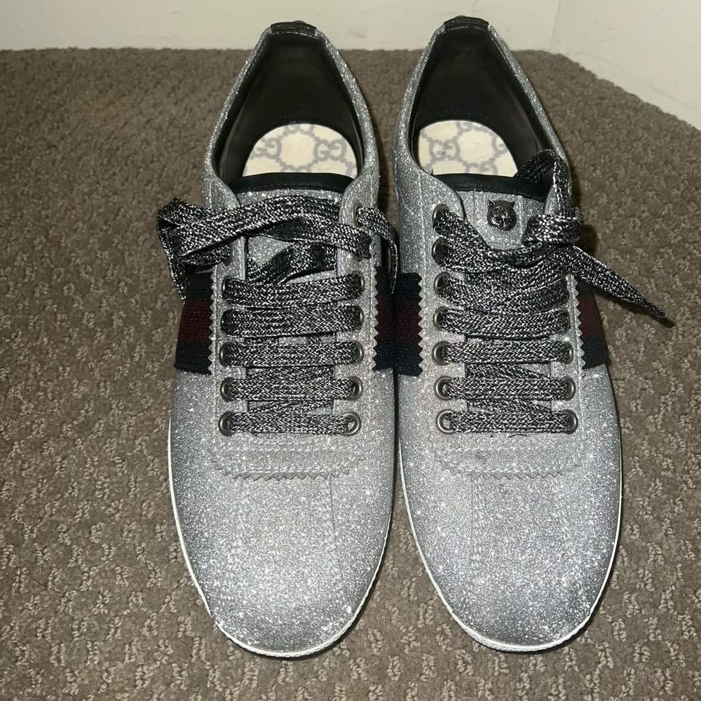 Authentic Gucci Silver Glitter Bambi Web Sneakers 38.5